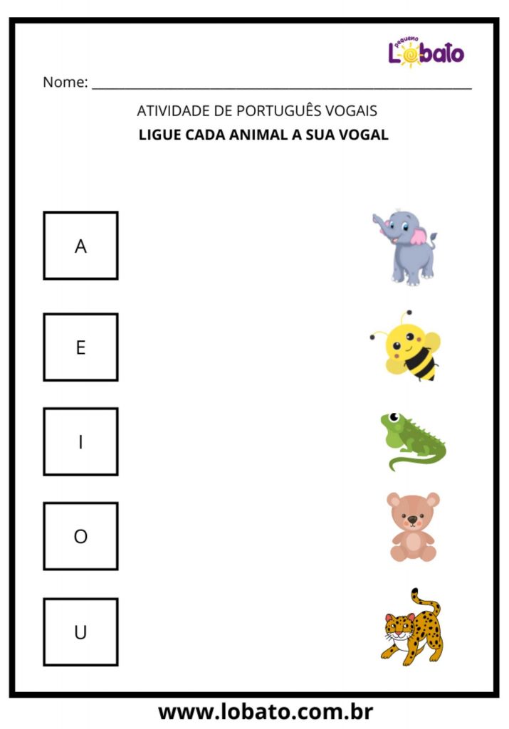 Atividade de Alfabetização Português Vogais ligue os animais para imprimir
