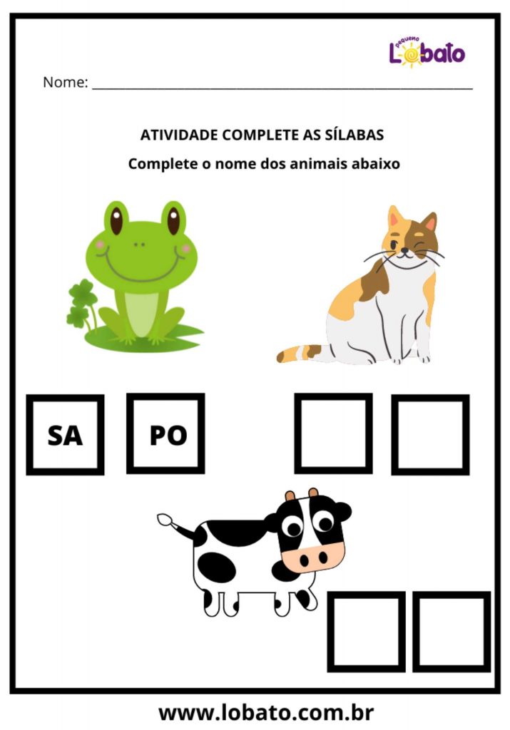 Atividade de Alfabetização Português sílabas para imprimir