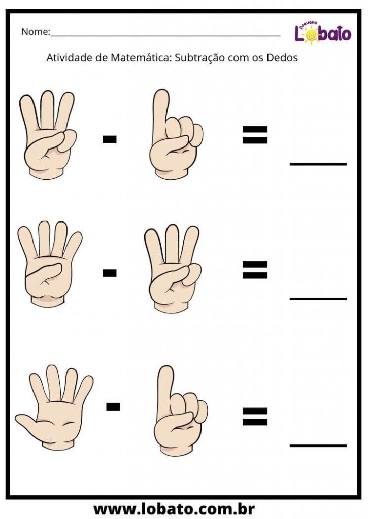 atividade para autista de matemática subtração com os dedos para imprimir