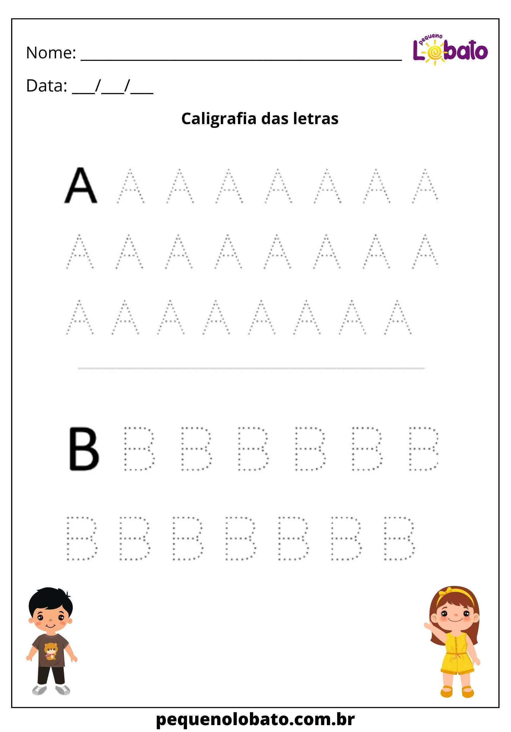 caligrafia das letras a e b para alunos