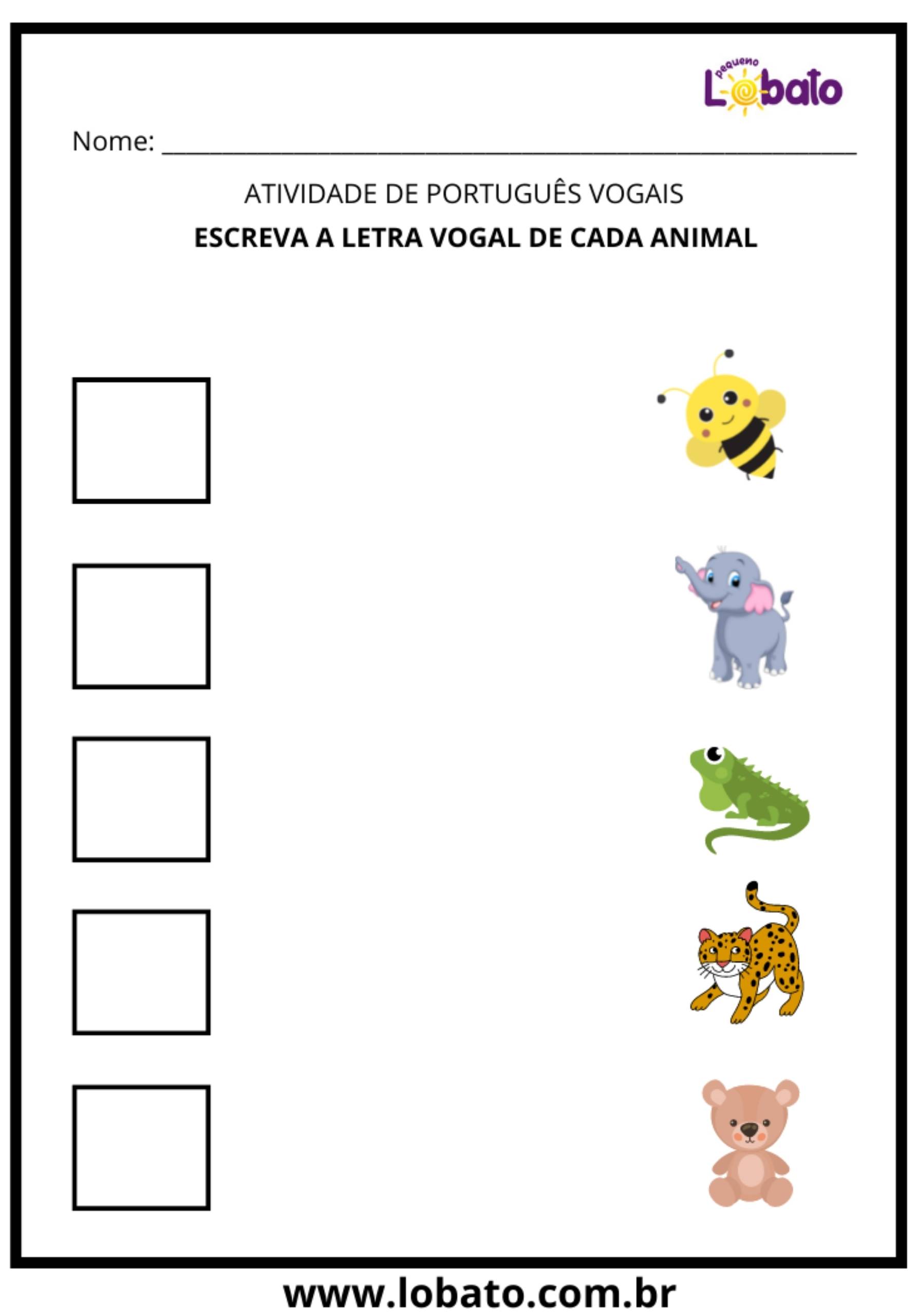 escreva a vogal de cada animal para alunos de 3 anos