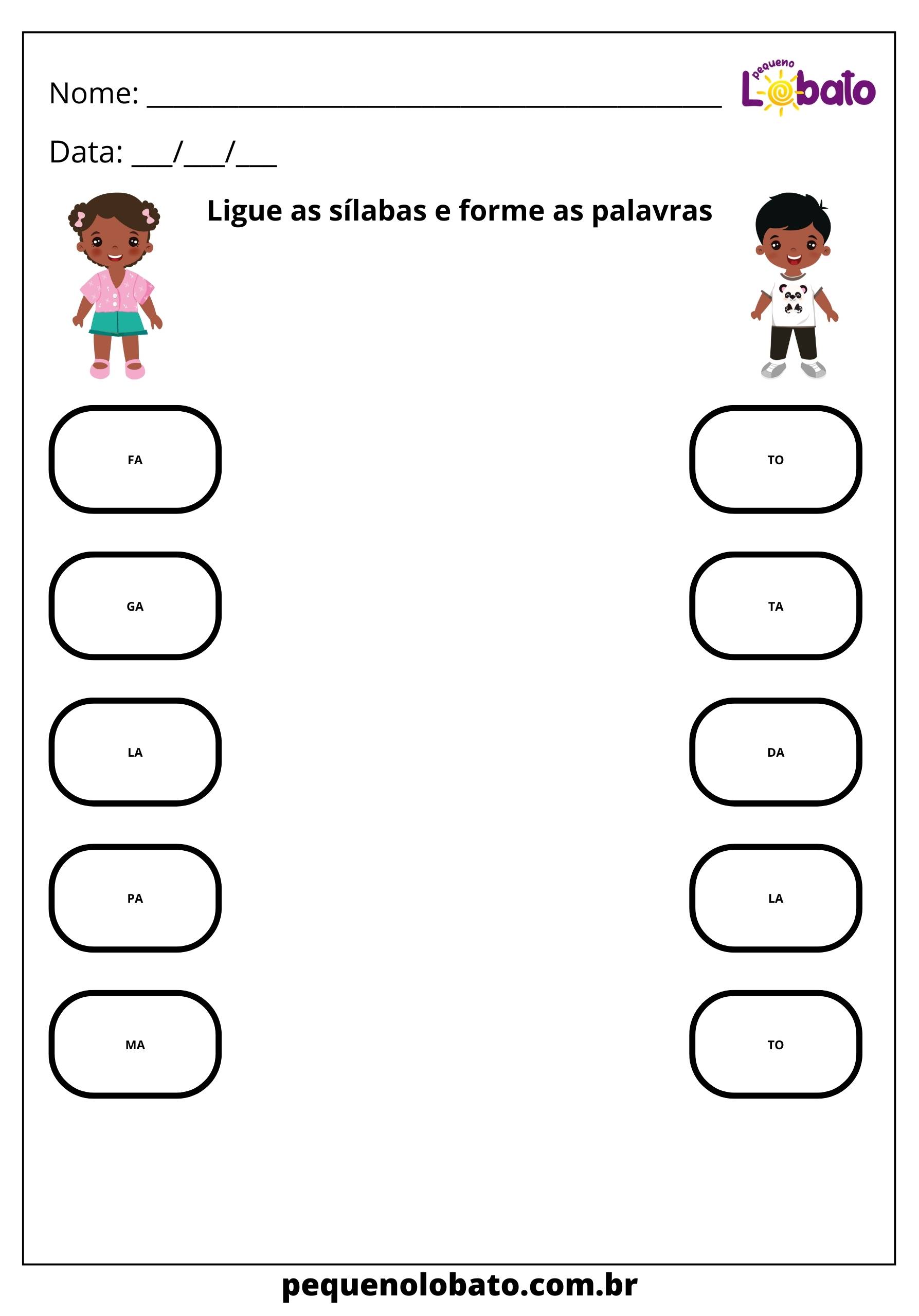ligue as sílabas e forme as palavras para alunos de 3 anos
