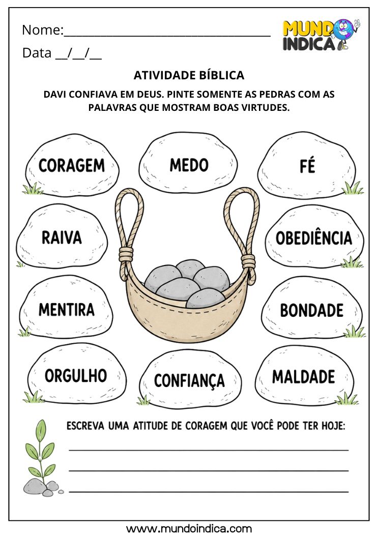 Atividade Bíblica para Pintar as Palavras que Mostram Boas Virtudes para Imprimir
