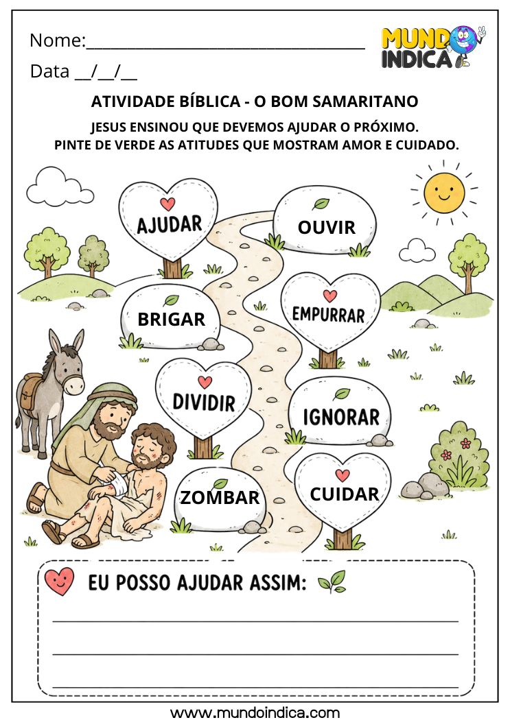 Atividade Bíblica sobre o Bom Samaritano para Colorir as Boas Atitudes de Ajudar o Próximo