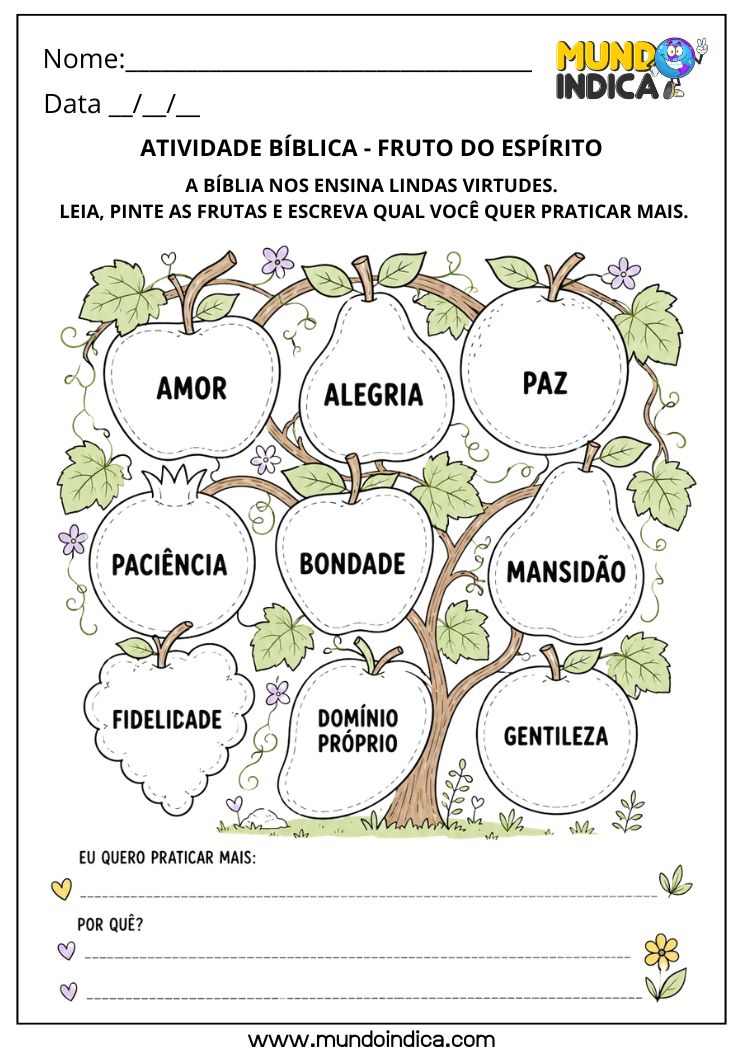 Atividade Bíblica sobre o Fruto do Espírito para Pintar