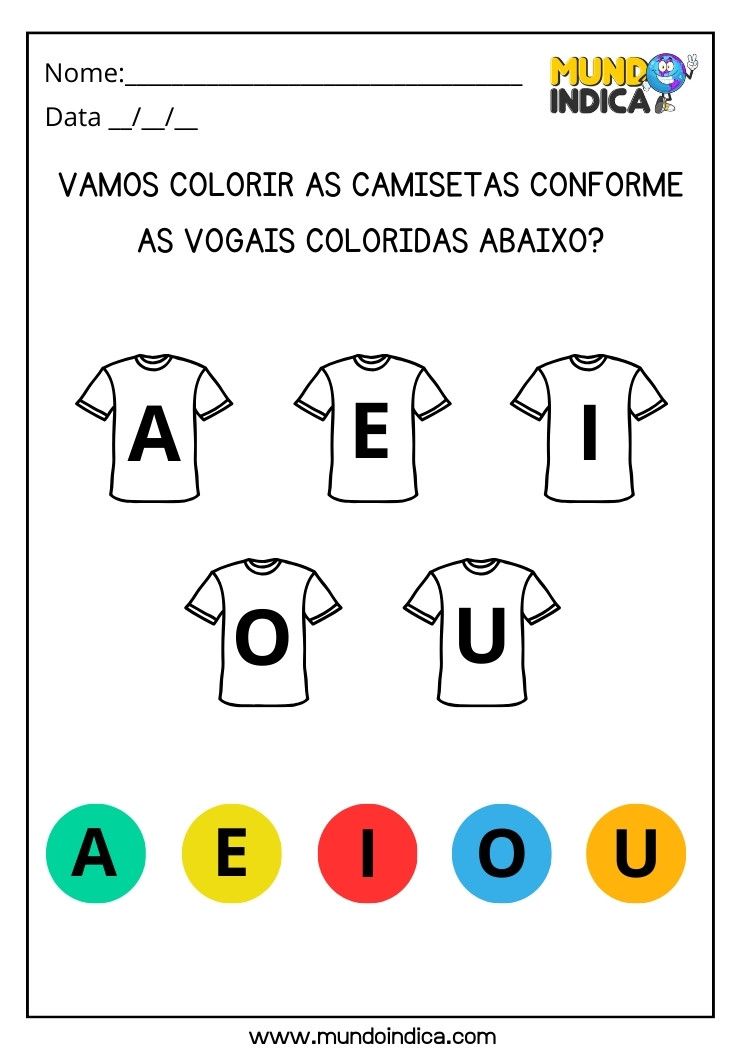 Atividade TEA Pinte as Camisetas Conforme as Vogais Coloridas Sugeridas para Imprimir