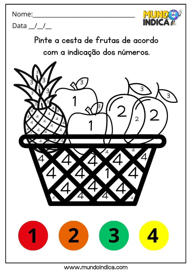 Atividade de Alimentação Saudável Pinte as Frutas de Dentro da Cesta Conforme a Indicação das Cores nos Números para imprimir