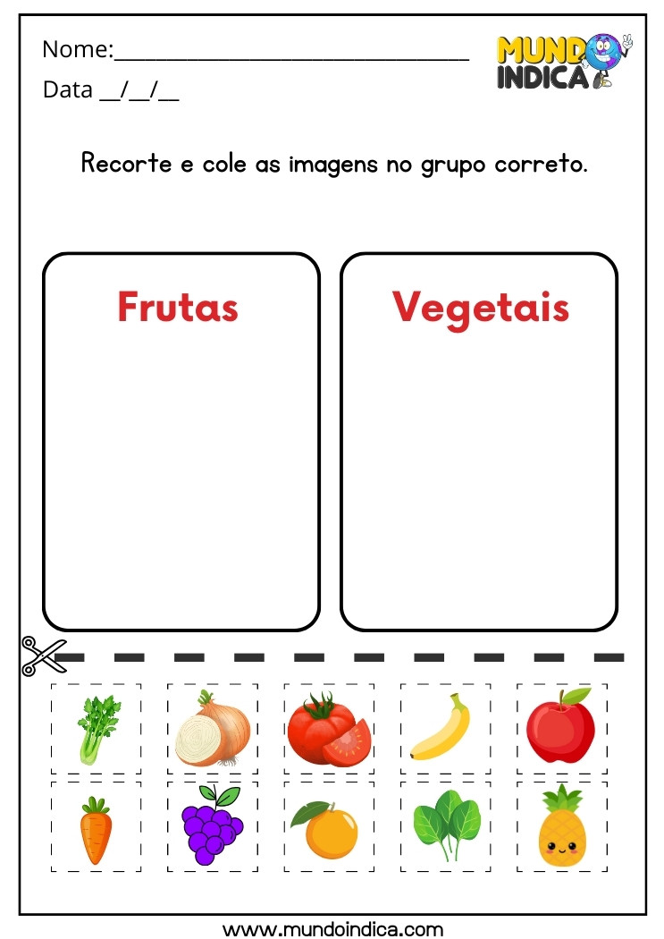 Atividade de Alimentação Saudável Recorte e Cole as Imagens no Grupo de Frutas ou Vegetais para imprimir
