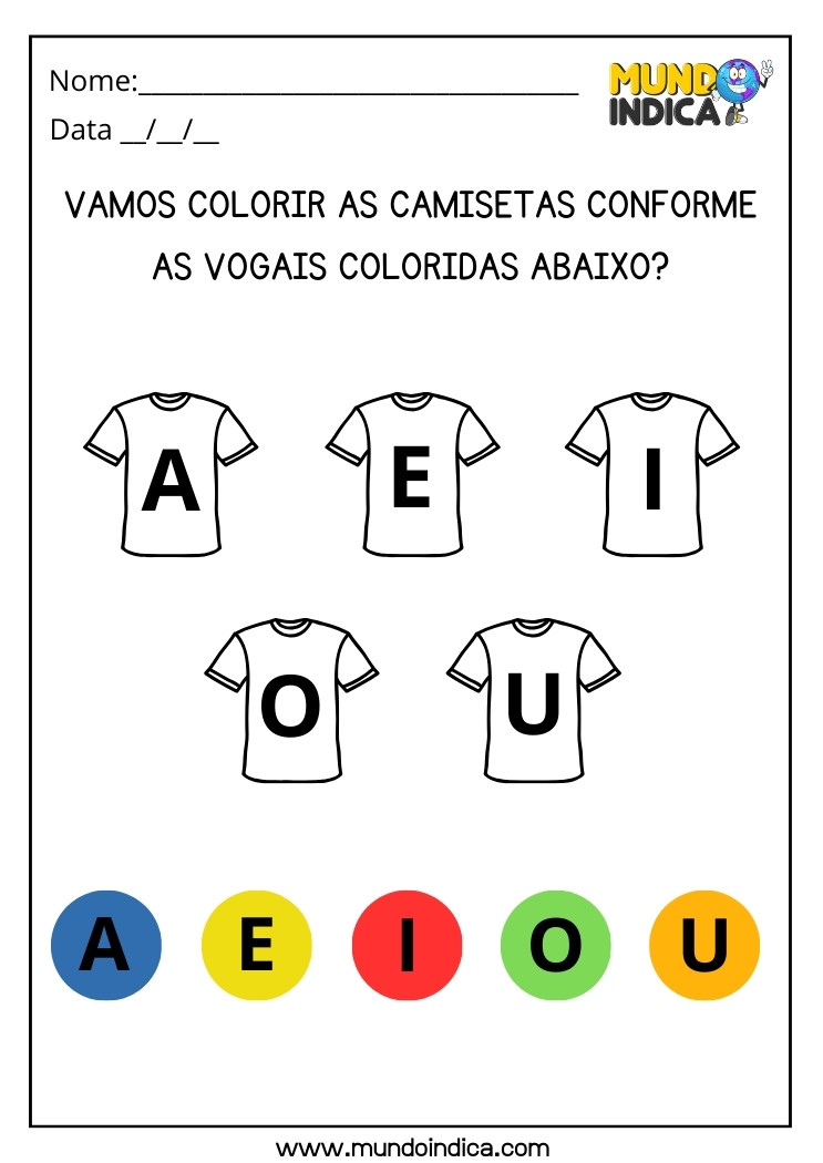 Atividade de Inclusão Pinte as Camisetas Conforme as Vogais Coloridas para Imprimir