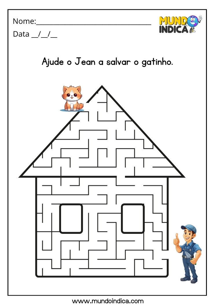 Atividade de Labirinto para Crianças Autistas Ajude o Jean a Salvar o Gatinho para Imprimir