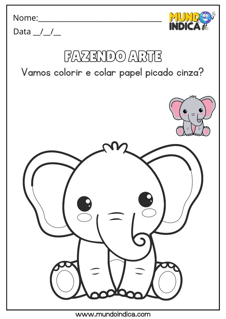 Atividade de Pintura do Elefantinho e Colagem de Papel Picado Cinza para Crianças com TEA para Imprimir