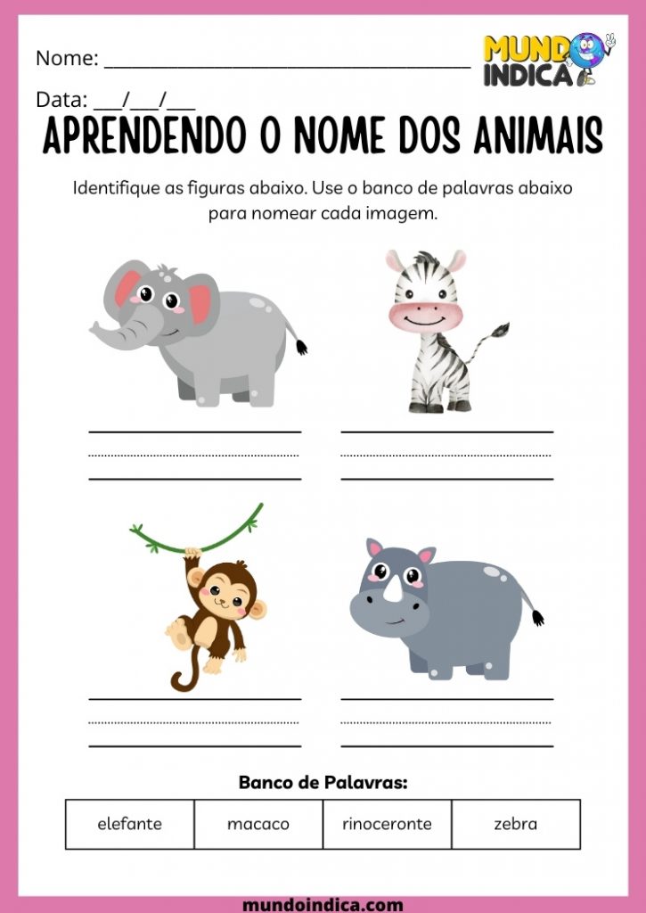 Atividade de Português aprendendo o nome dos animais para Alunos com Deficiência Intelectual