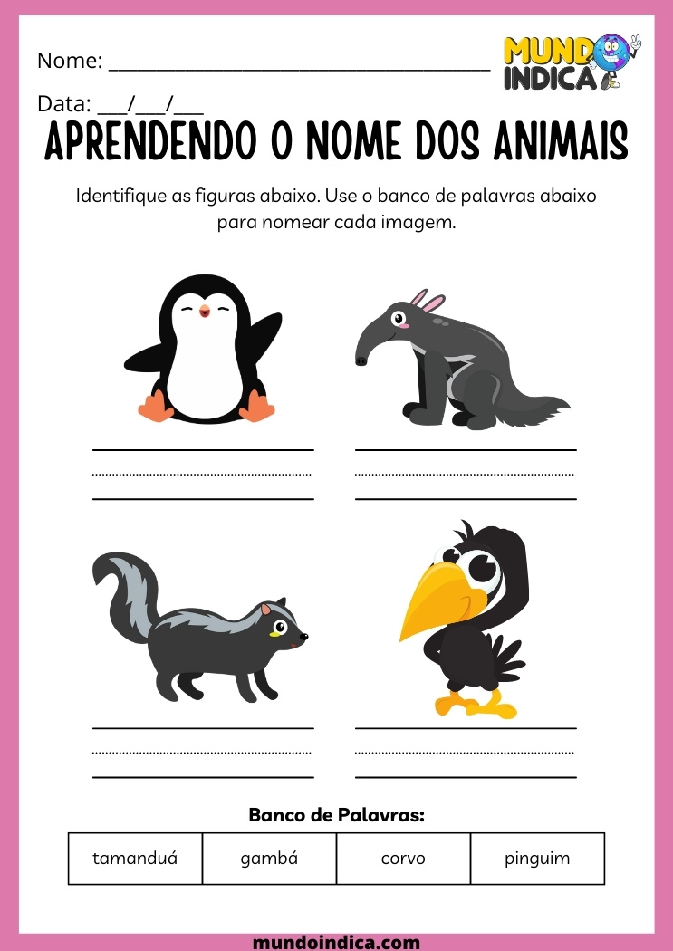 Atividade de Português com Animais para Alunos com Autismo para Imprimir