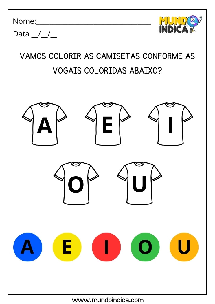 Atividade para Autismo Pinte as Camisetas Conforme as Cores Indicadas nas Vogais para Imprimir