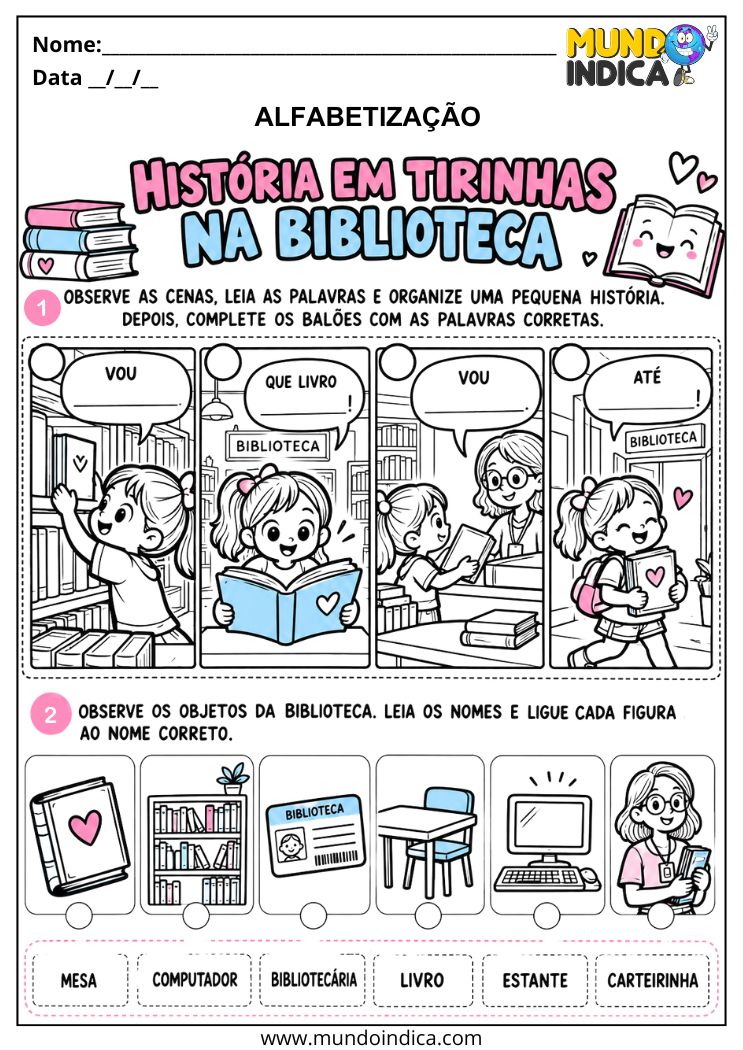 Atividades de Alfabetização para Autistas com História em Tirinhas na Biblioteca