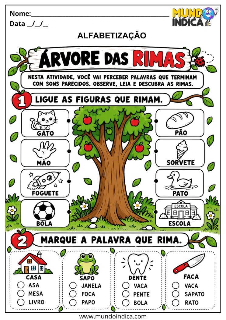 Atividades de Alfabetização para Tea sobre Rimas