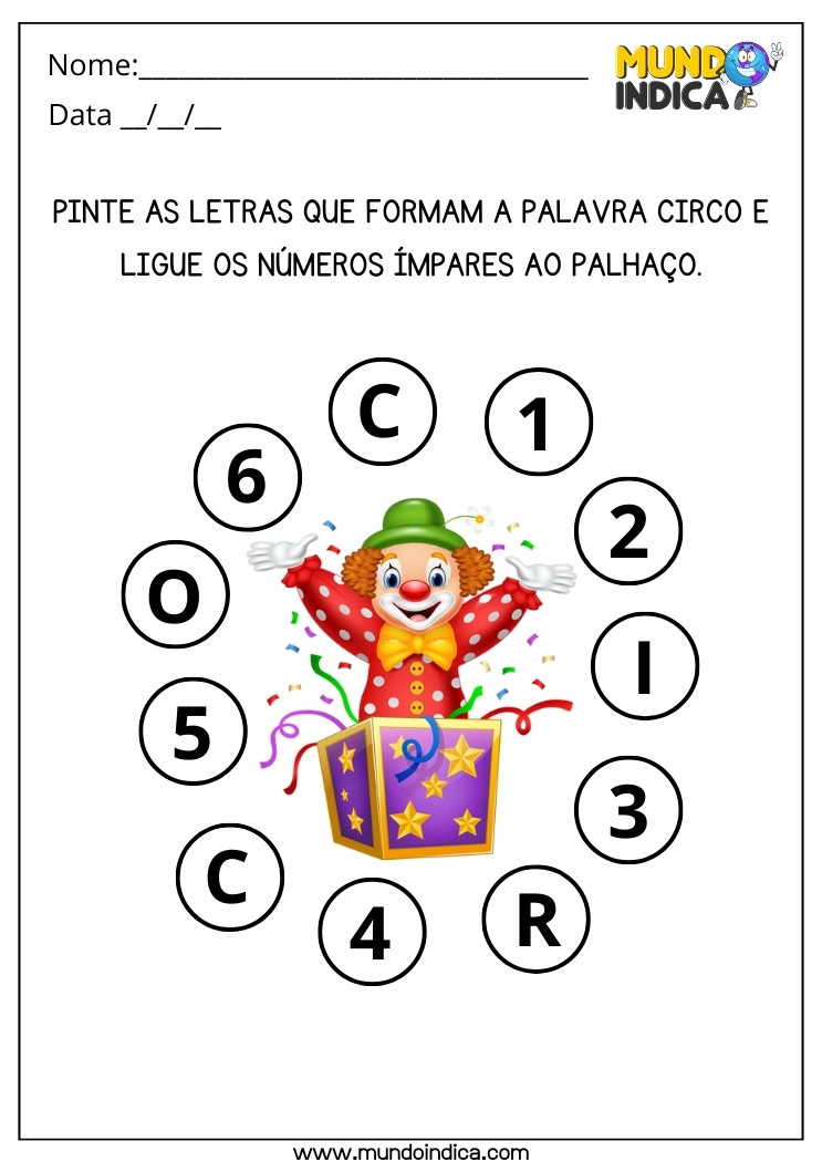 Autismo Atividade Pedagógica Pinte os Círculos com as Letras que Formam a Palavra Circo e Ligue os Números Ímpares ao Palhaço para Imprimir