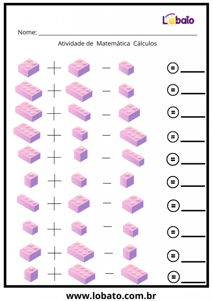 atividade de matemática subtração e soma dos legos