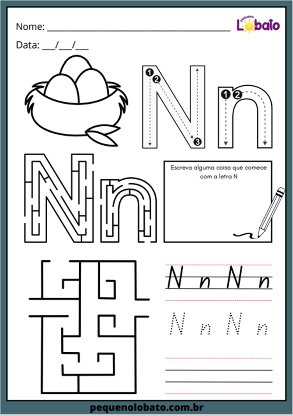 atividade de alfabetização com a letra N
