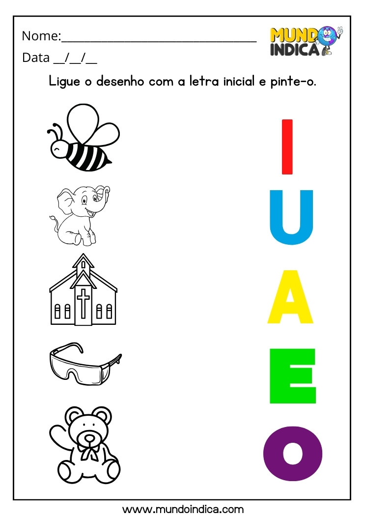 Atividade de Alfabetização para Autismo Ligue o Desenho com a Letra Inicial e Pinte-o para imprimir
