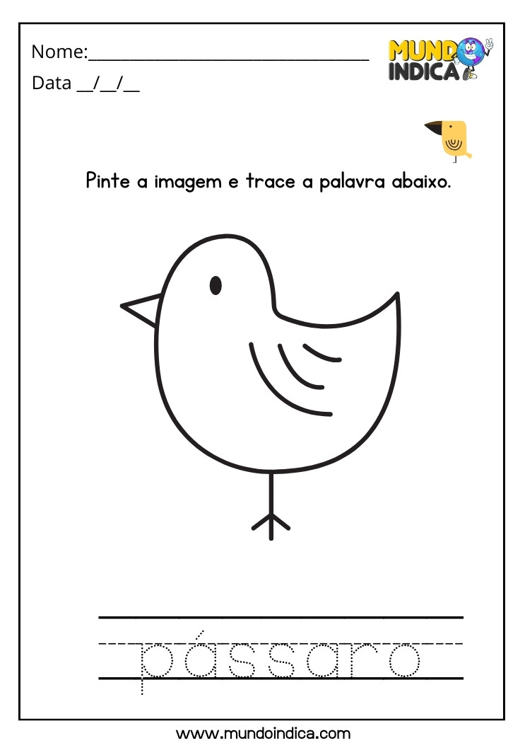 Atividade de Alfabetização para Autismo Pinte a Imagem e Trace a Palavra Pássaro para imprimir