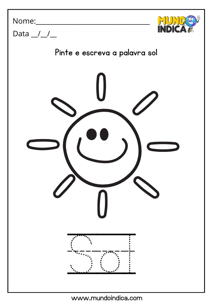 Atividade de Alfabetização para Autismo Pinte e Escreva a Palavra Sol para imprimir