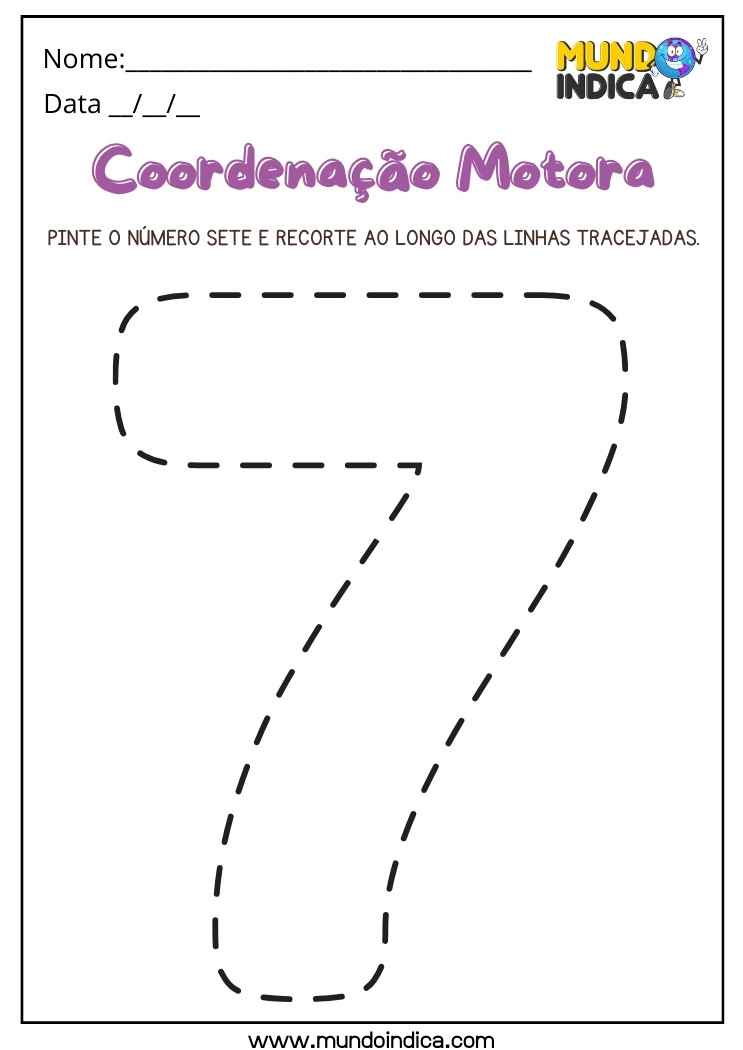 Atividade de Coordenação Motora com o Número 7 para Pintar o Sete e Recortar ao Longo das Linhas Tracejadas para Imprimir