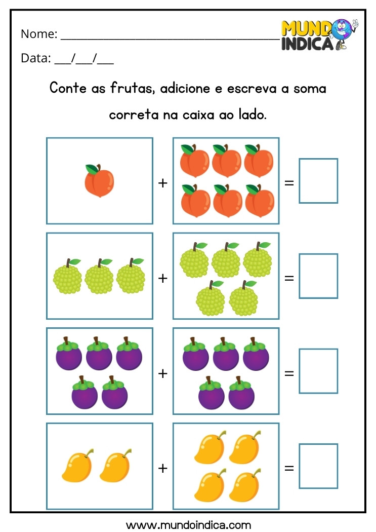 Atividade de Matemática para Alunos com Deficiência Intelectual Conte as Frutas Adicione e Escreva a Soma Correta no Quadrado para Imprimir