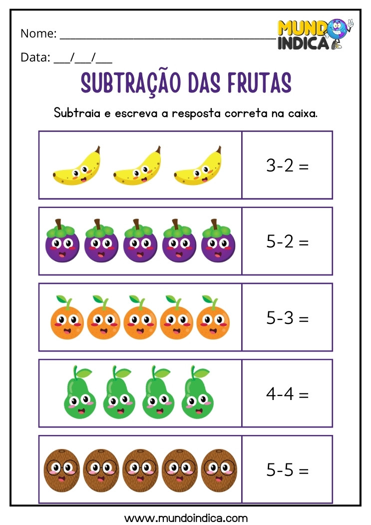 Atividade de Matemática para Alunos com Deficiência Intelectual Subtração das Frutas para Imprimir