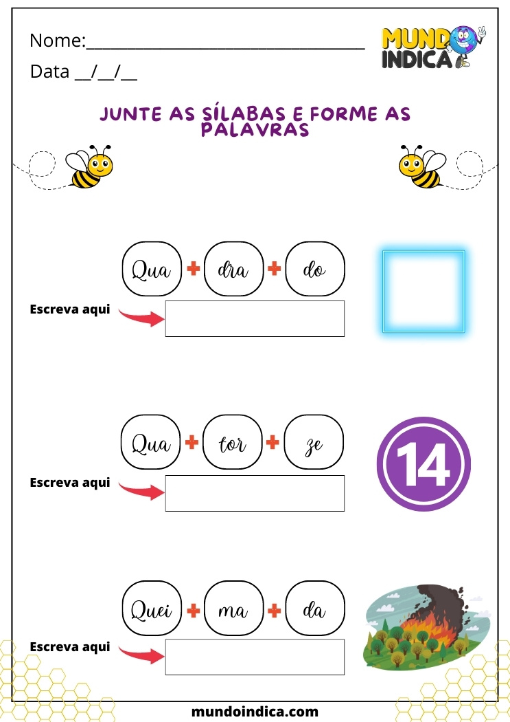 Atividade de Português junte as sílabas e forme as palavras para Educação Infantil