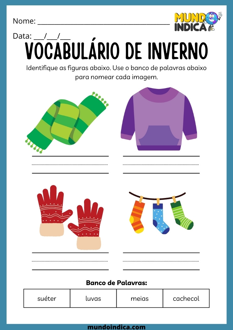Atividade de Português vocabulário de inverno para Educação Infantil
