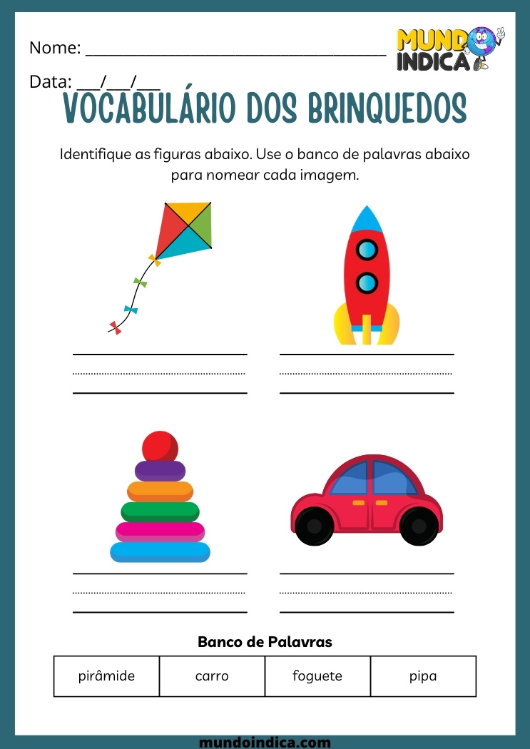 Atividade do vocabulário dos brinquedos de Português para Educação Infantil