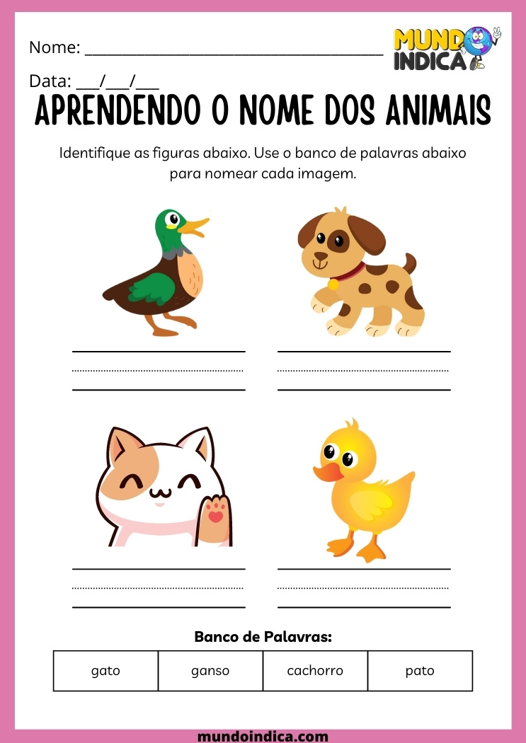 Atividades de Português aprendendo o nome dos animais para Educação Infantil