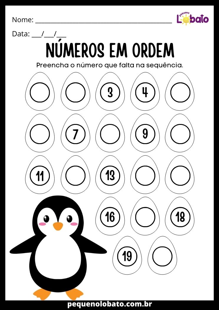 atividade com números em order de 1 a 20 com pinguim para imprimir