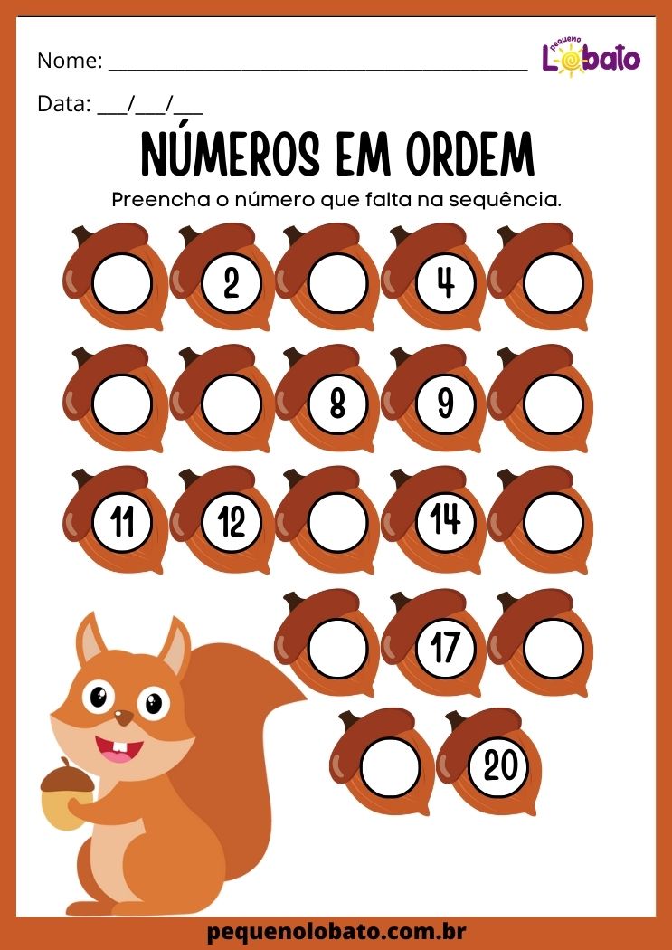 atividade com números em sequência de 1 a 20 com esquilo para educação infantil