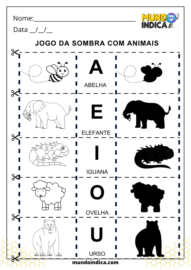 atividade de sombra dos animais para alunos com autismo para imprimir