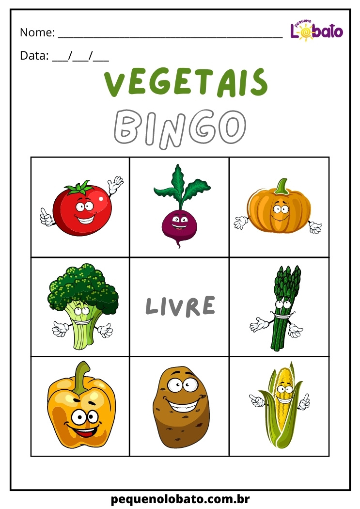 Atividade - bingo dos vegetais de alimentação saúdavel