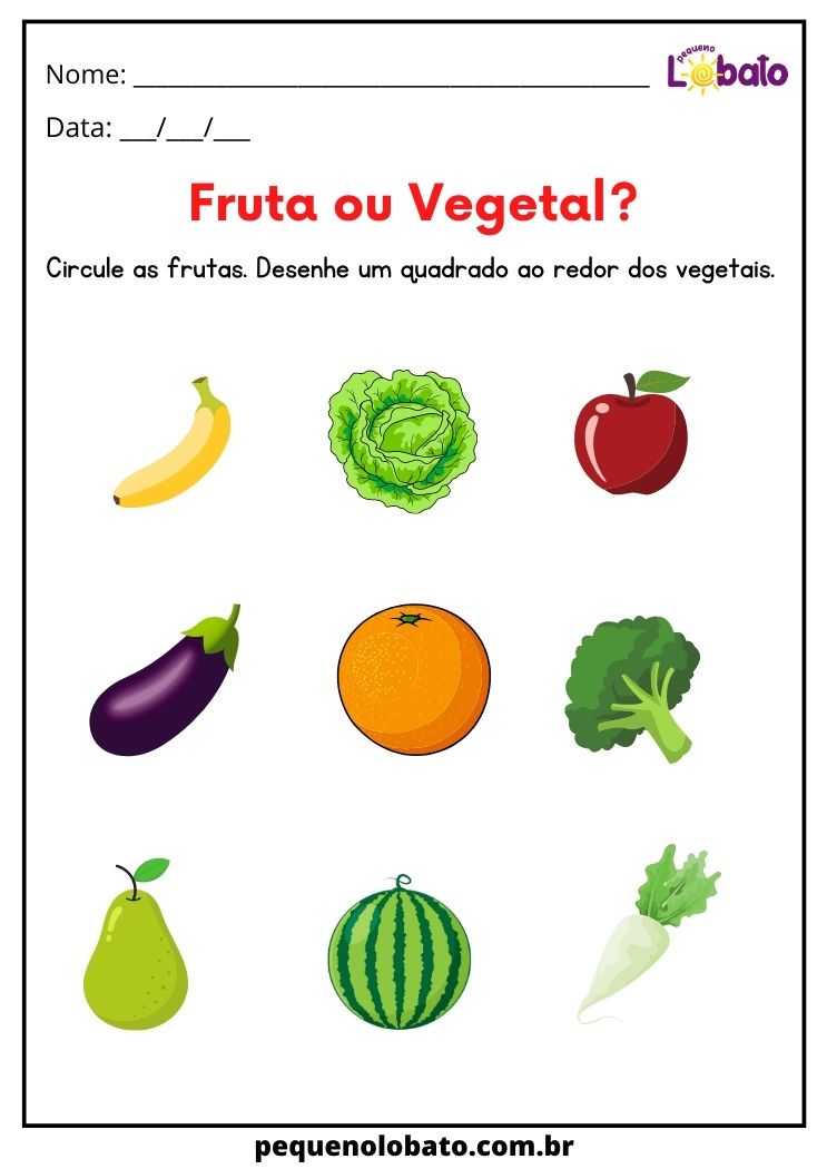 Atividade com fruta e vegetais para imprimir