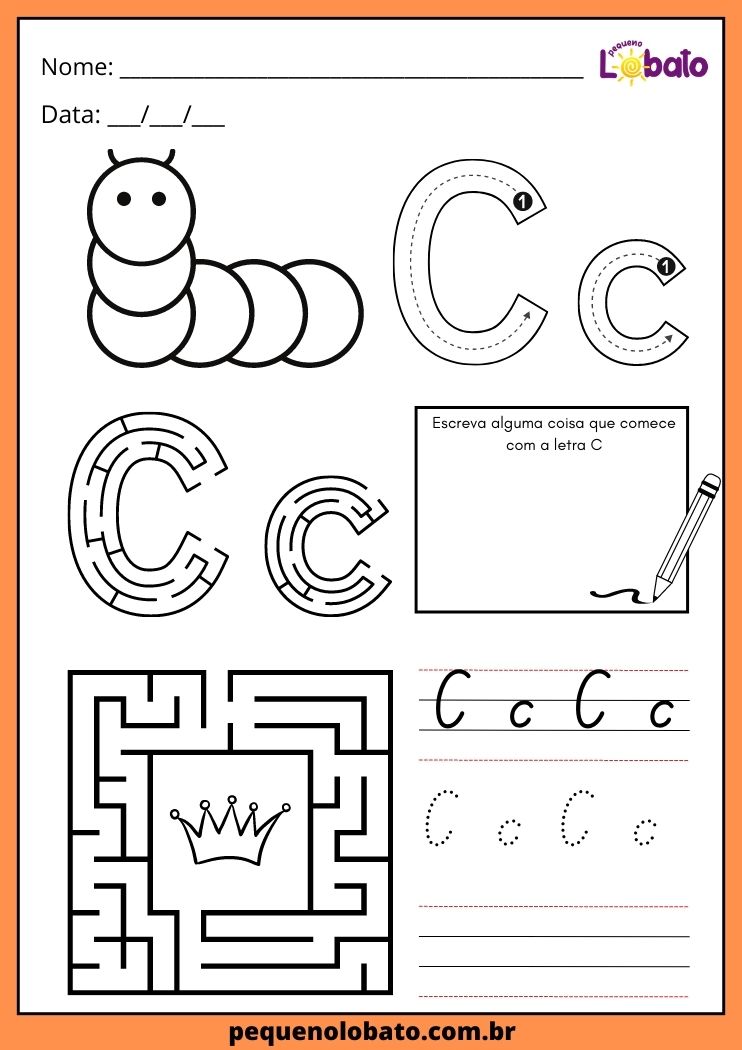 Atividade completa com a letra C maiúsculo cursiva, caligrafia, colorir e labirinto