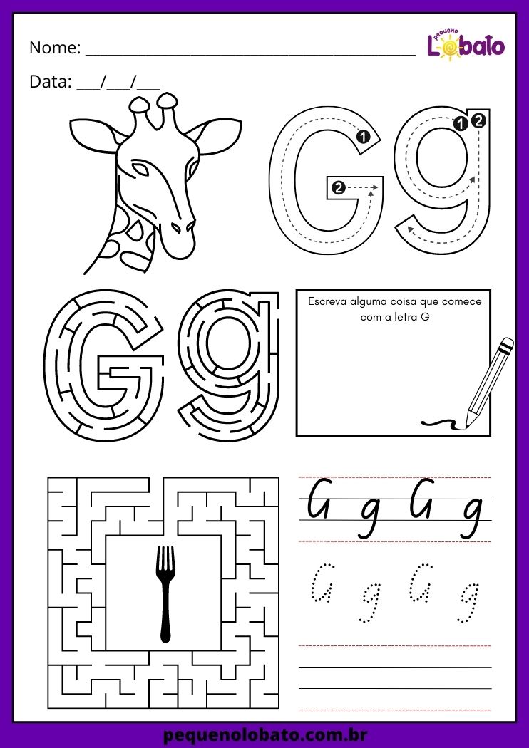 Atividade completa com a letra G maiúsculo cursiva, caligrafia, colorir e labirinto