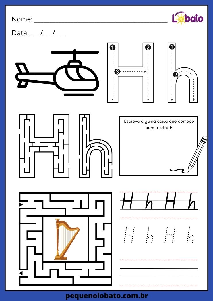 Atividade completa com a letra H maiúsculo cursiva, caligrafia, colorir e labirinto