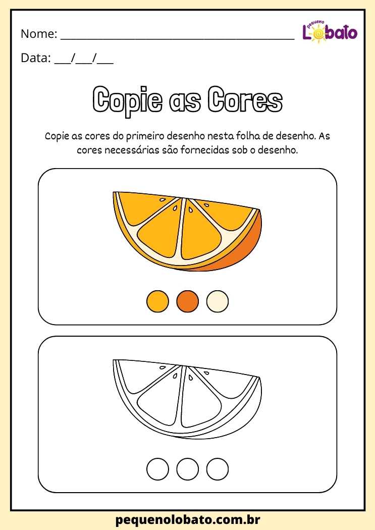 Atividade de alimentação saudável com a fruta laranja para colorir
