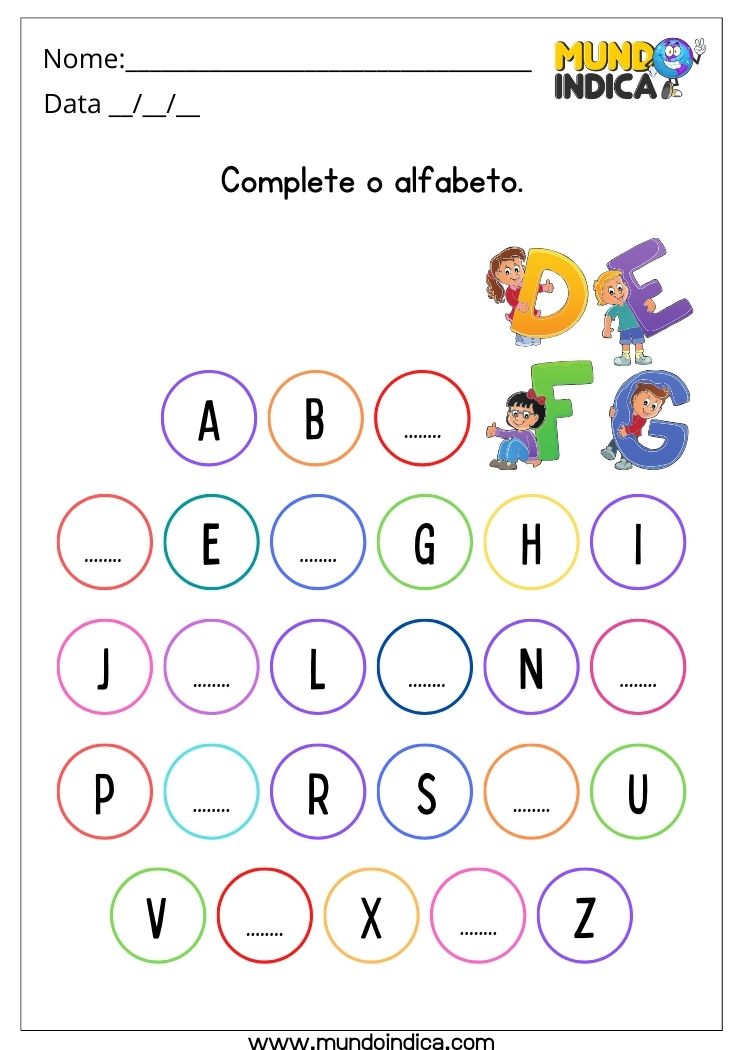 Atividade para Autismo 4 anos complete o alfabeto para imprimir