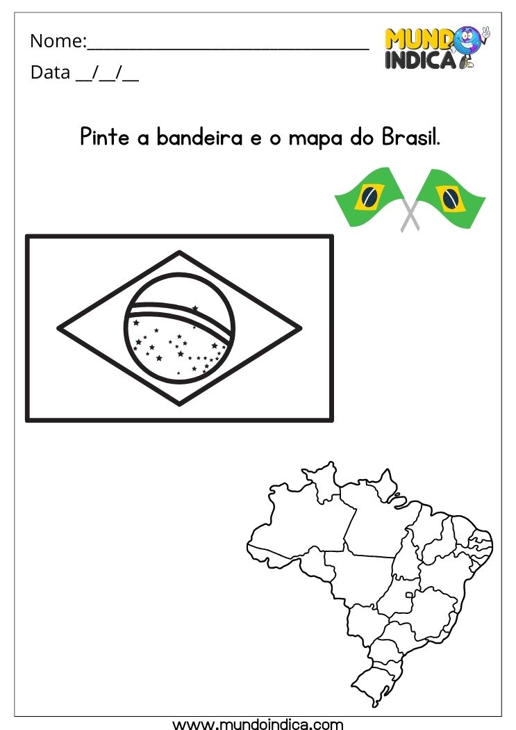 Atividade para Autismo 4 anos pinte a bandeira e o mapa do Brasil para imprimir