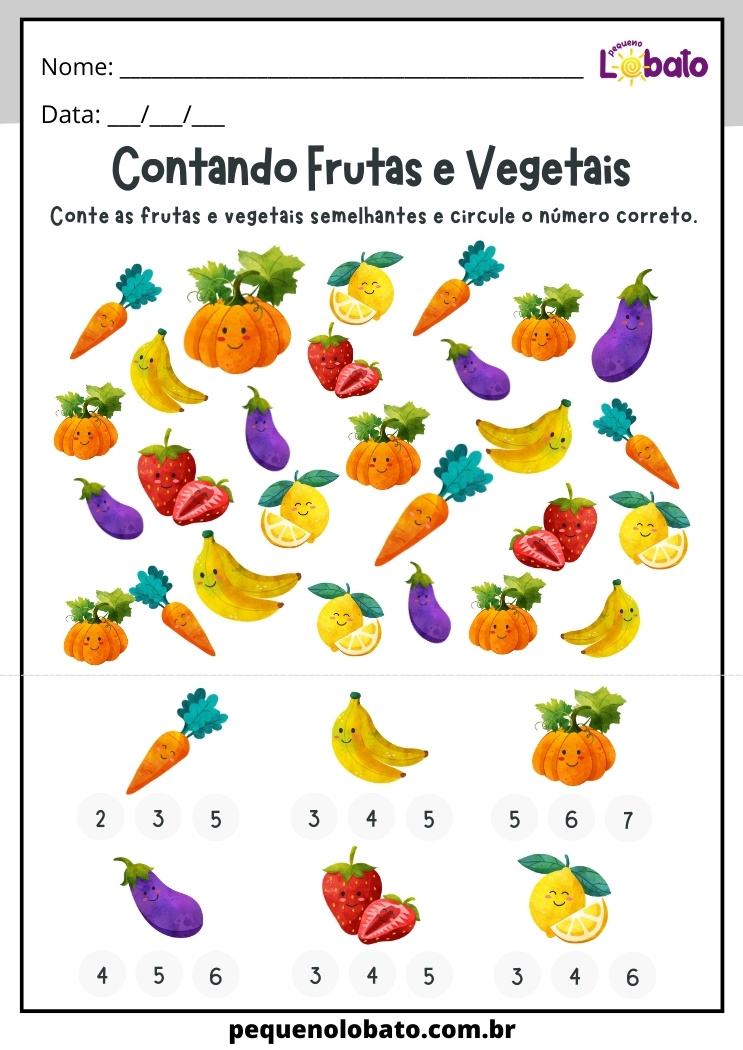 conte as frutas e os vegetais semelhantes e circule o número correto