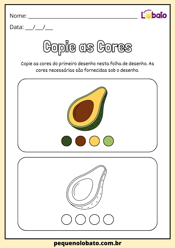 pinte as cores do abacate na atividade de alimentação saudável