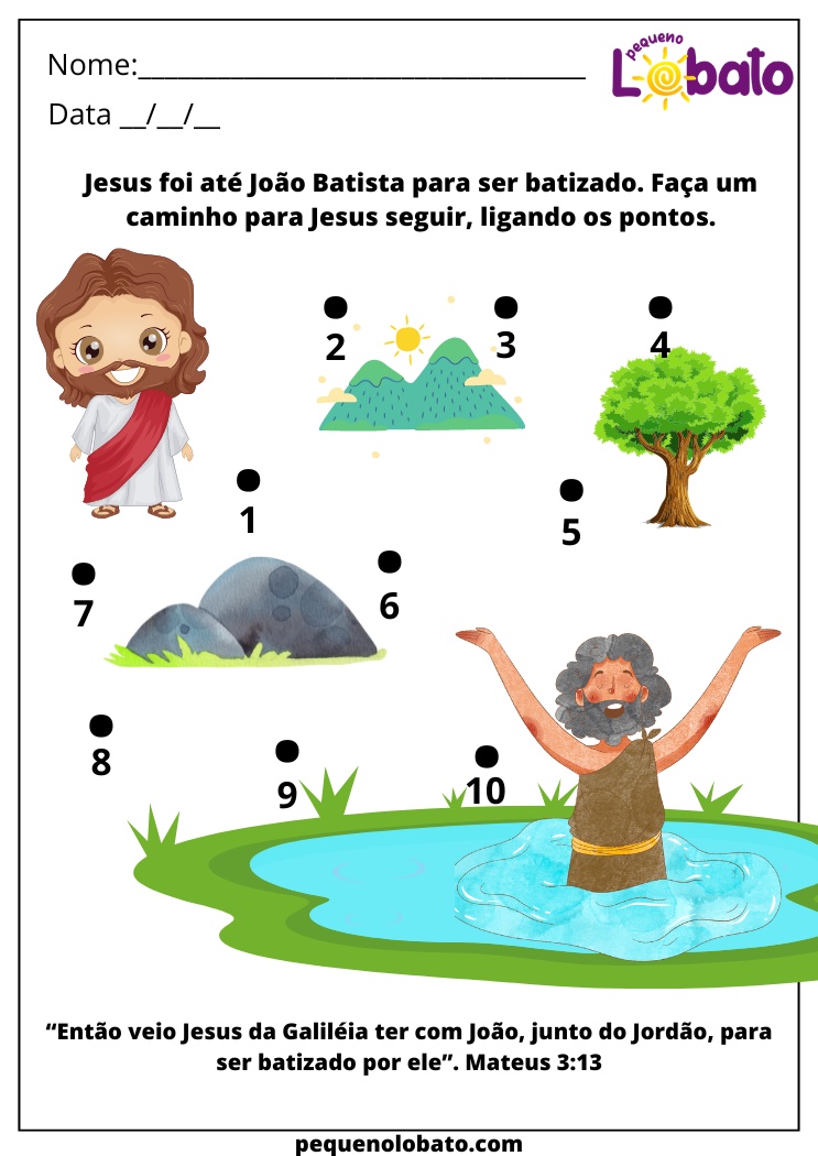 Atividade Bíblica Infantil para ligar os pontos e fazer um caminho de Jesus até João Batista