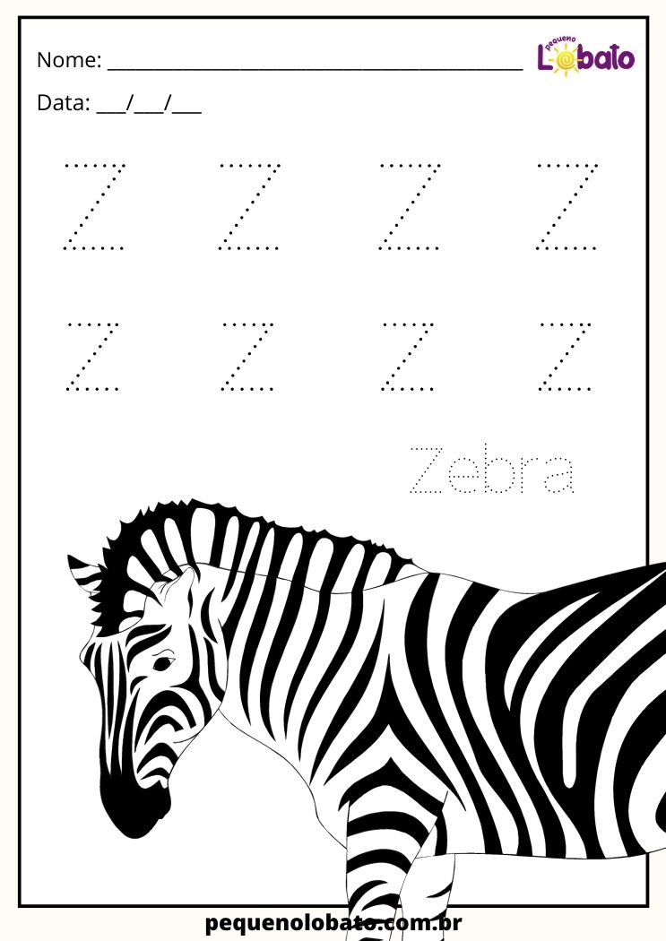 Atividade de caligrafica com os animais letra Z minuscula e maiuscula