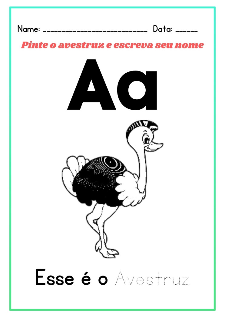 Atividade de educação infanttil com a letra A - pinte o avestruz