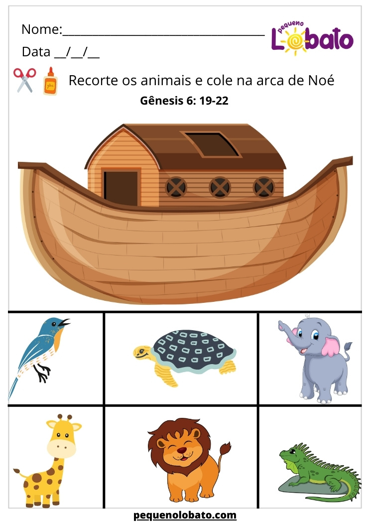 atividade bíblica lúdica para recortar os animais e colar na arca de Noé
